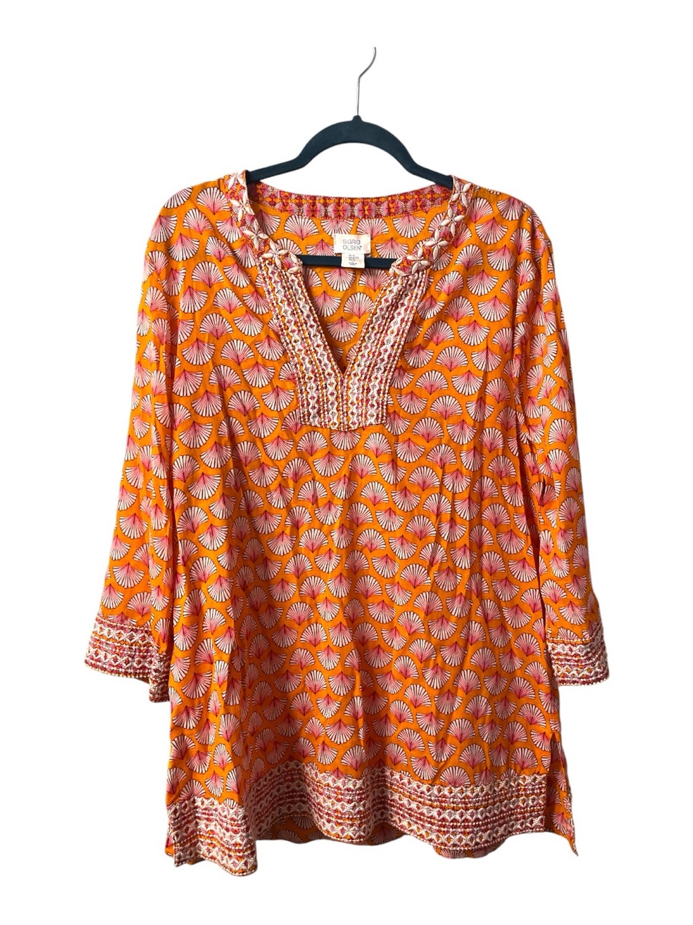 Sigrid Olsen Orange Pink Printed V-Neck Tunic